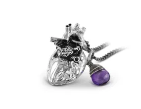 Anatomical Heart Necklace with Amethyst - Silver