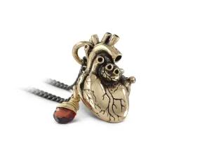 Anatomical Heart Necklace with Garnet - Bronze