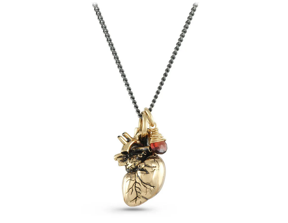 Anatomical Heart Necklace with Garnet - Bronze