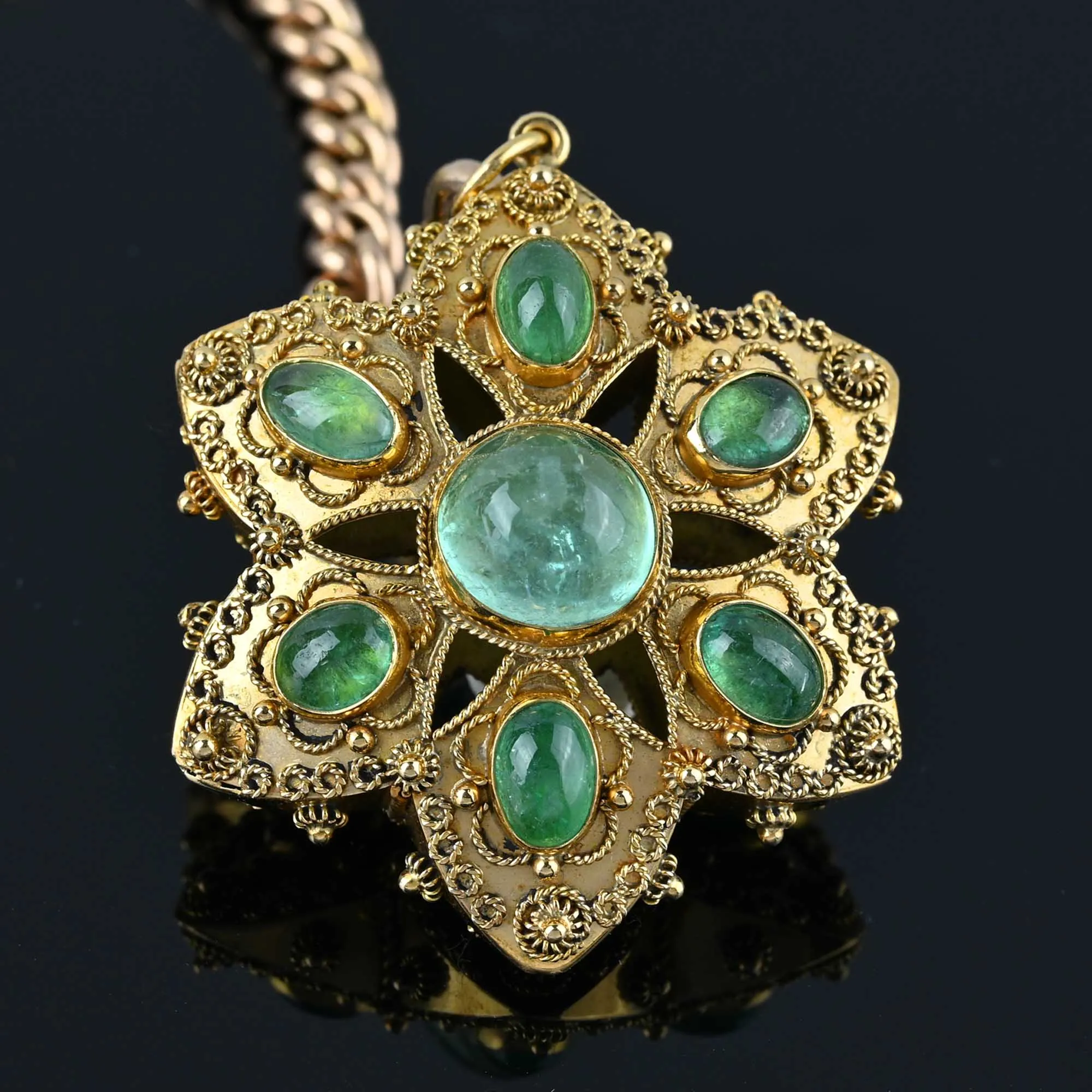 Antique Emerald Star 18K Gold Etruscan Pendant