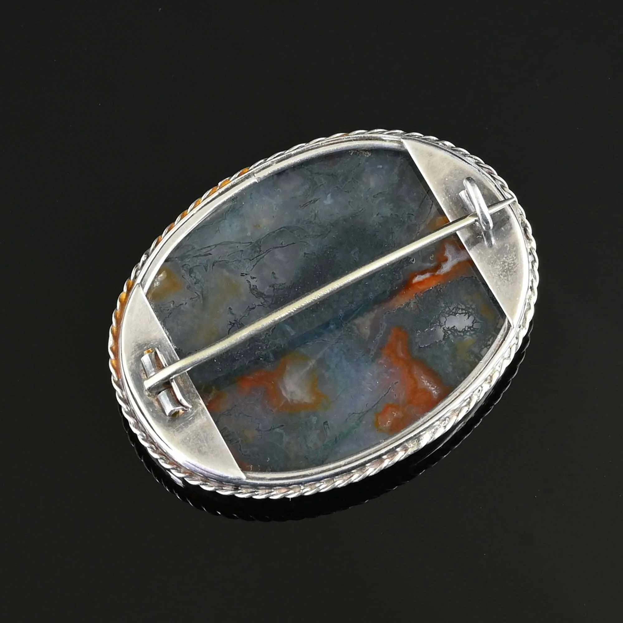 Antique Large Moss agate Brooch in Sterling Silver