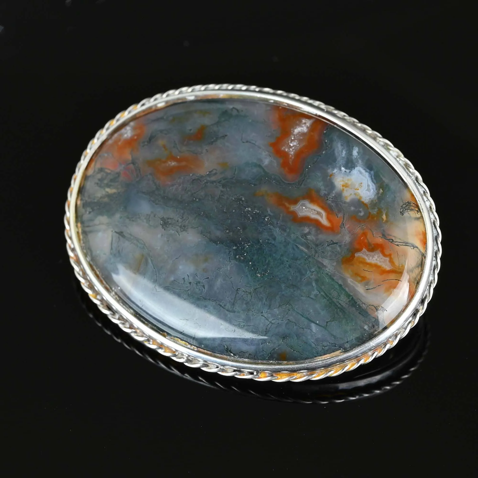 Antique Large Moss agate Brooch in Sterling Silver