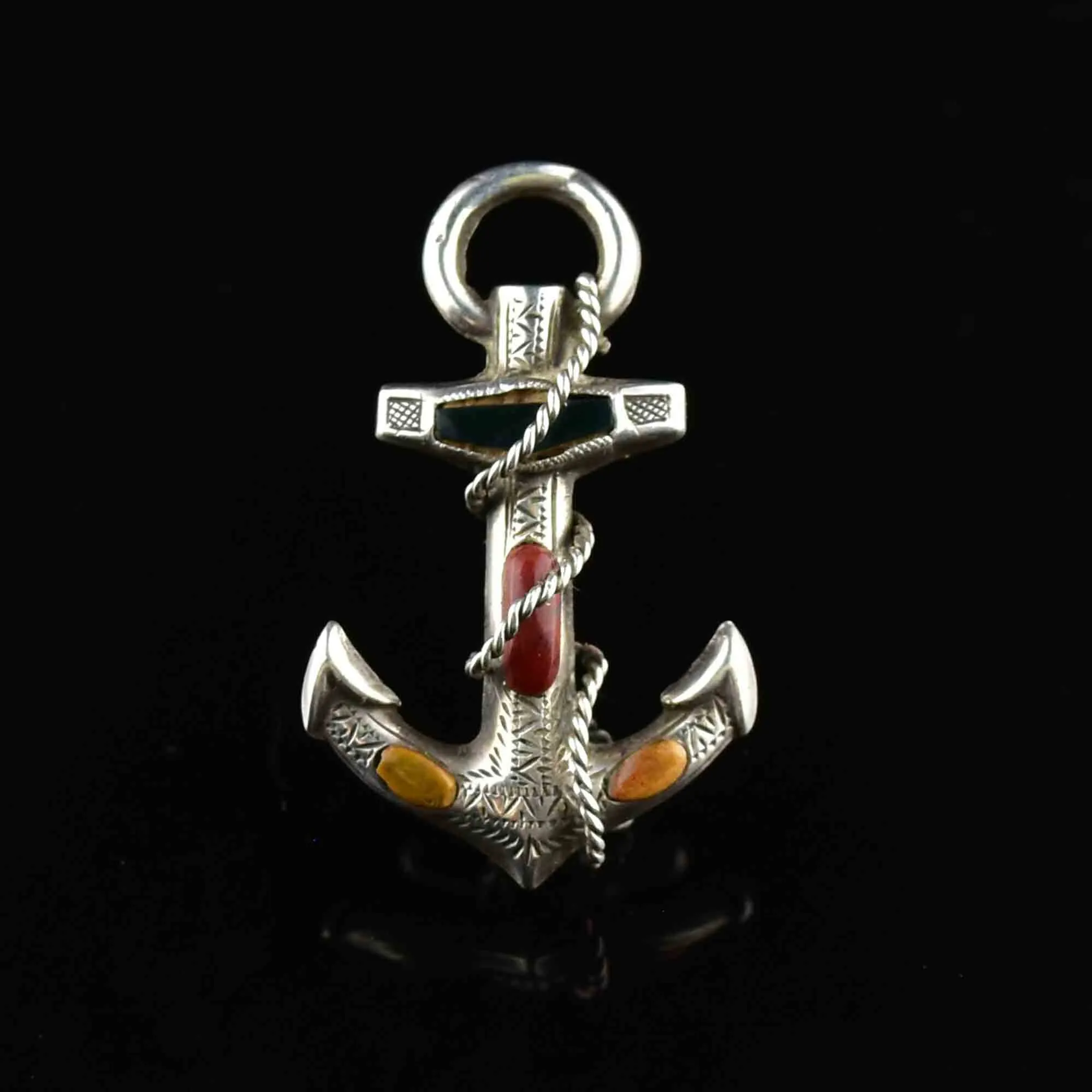 Antique Victorian Engraved Silver Scottish Agate Anchor Brooch