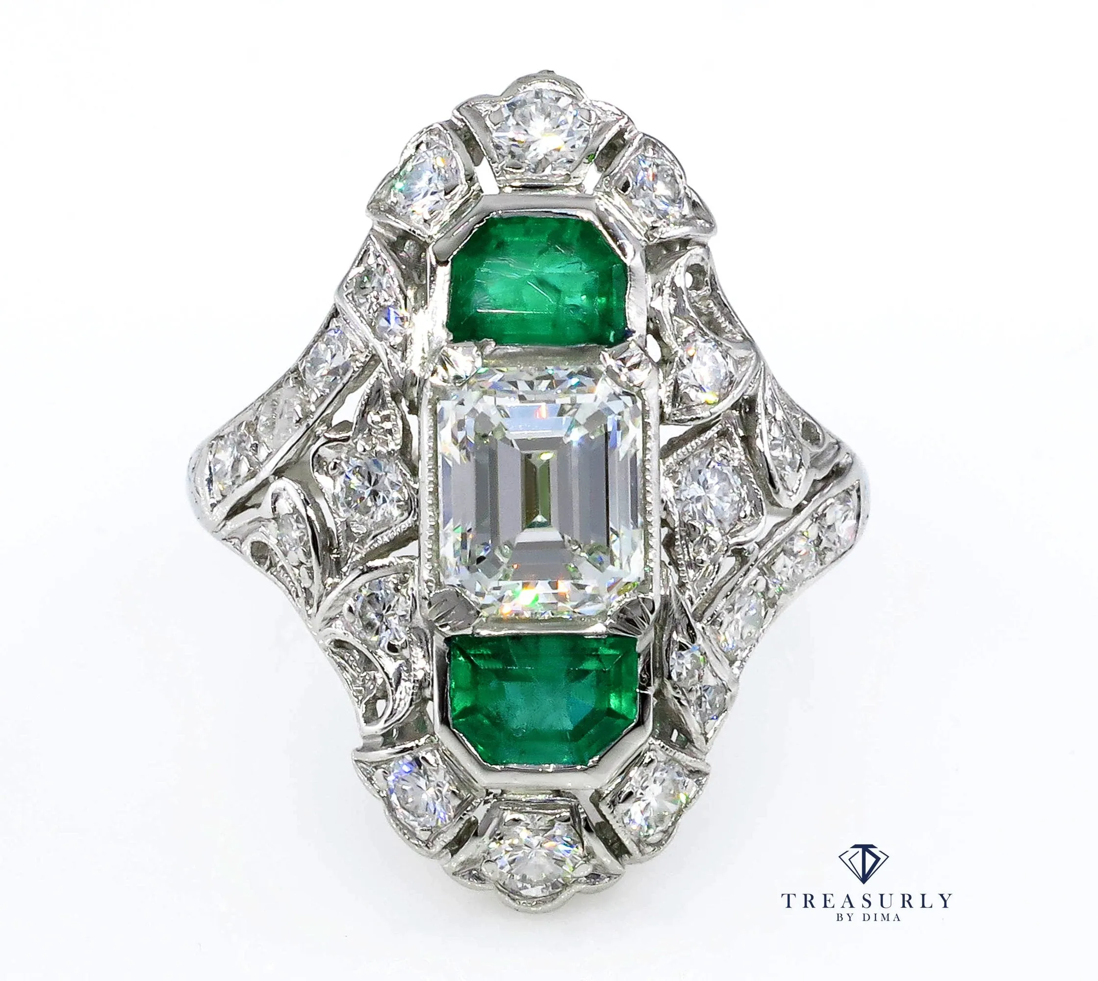 Art Nouveau 4.00ctw GIA H-VS2 Emerald Cut Diamond Platinum Ring