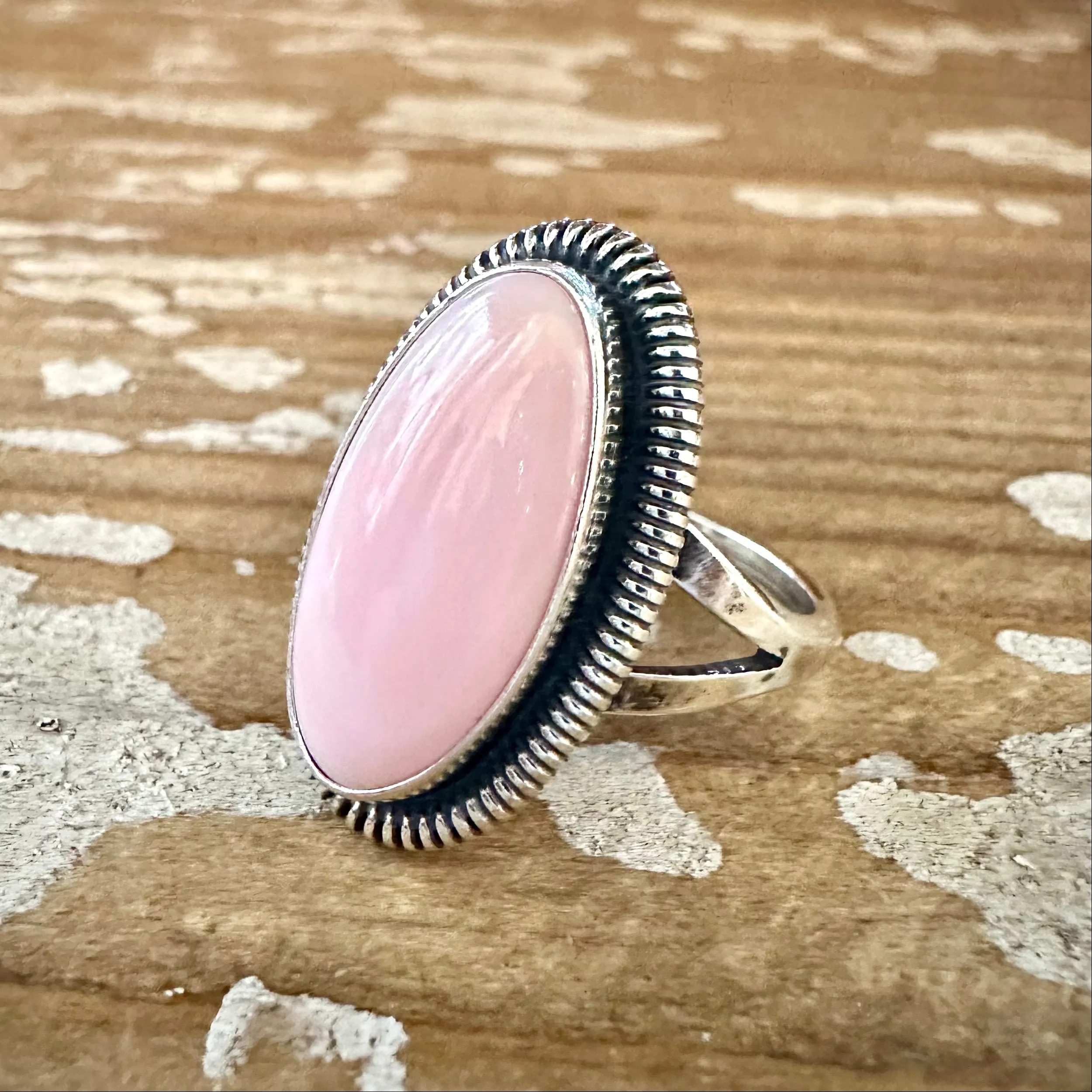 BEACH LOVE Pink Conch Shell and Sterling Silver Oval Ring  Sizes Adjustable