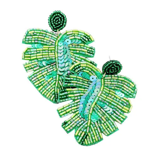 Beaded Tropical Leaf Dangle Earrings