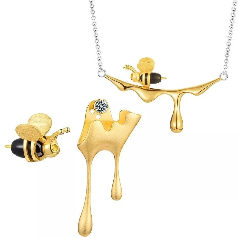 Bee Charm Jewelry Set - 925 Sterling Silver Necklace and Earring with Dripping Honey Pendant (LFJF0072)