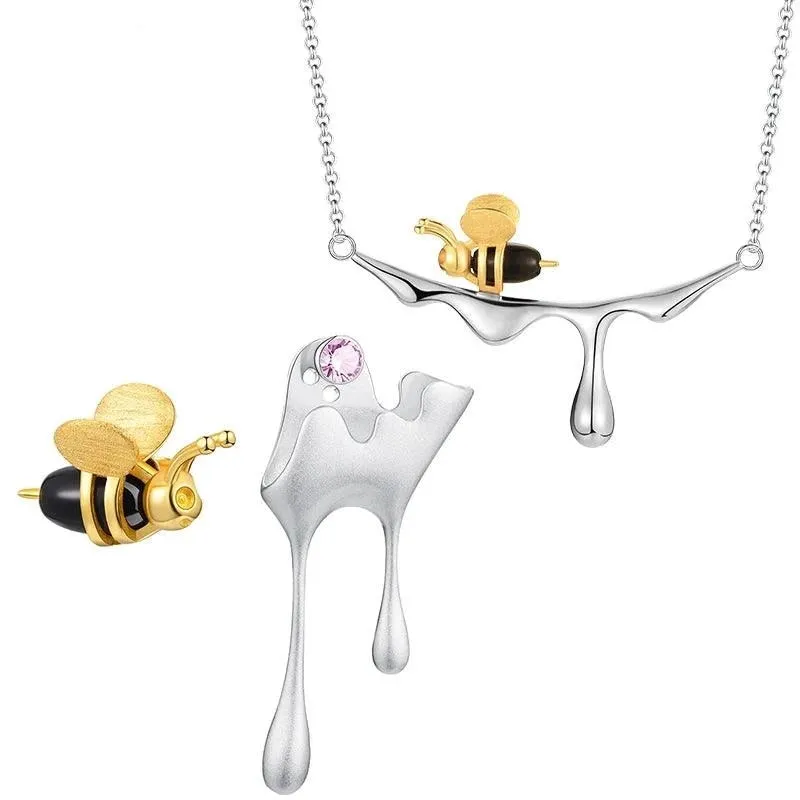 Bee Charm Jewelry Set - 925 Sterling Silver Necklace and Earring with Dripping Honey Pendant (LFJF0072)