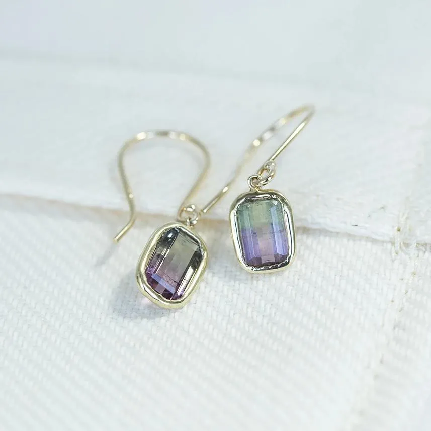 Bezel Set Bi Color Watermelon Tourmaline Dangle Earrings