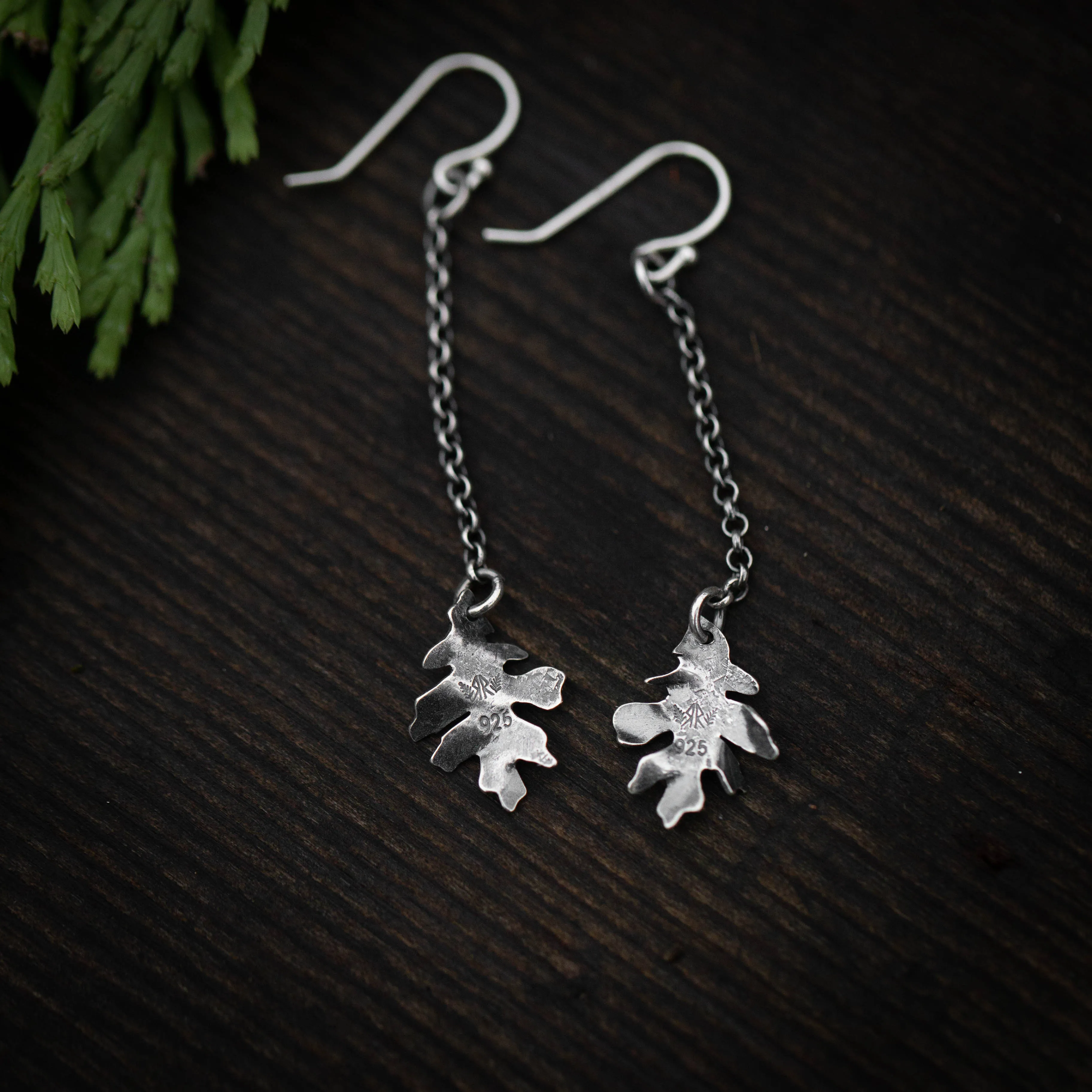 Black Oak Leaf Sterling Silver Drop Earrings