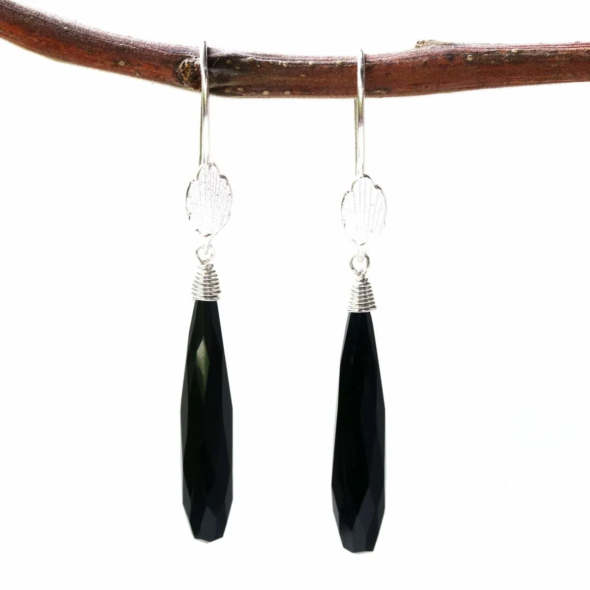 Black onyx earrings with silver wire wrapped on sterling silver hooks leaf design style