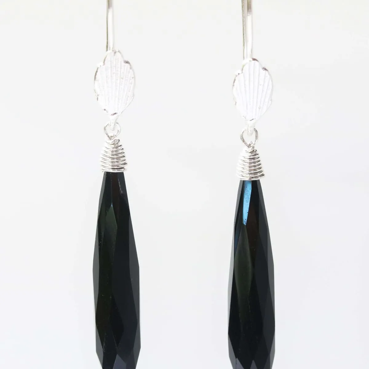 Black onyx earrings with silver wire wrapped on sterling silver hooks leaf design style