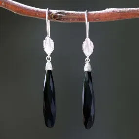 Black onyx earrings with silver wire wrapped on sterling silver hooks leaf design style