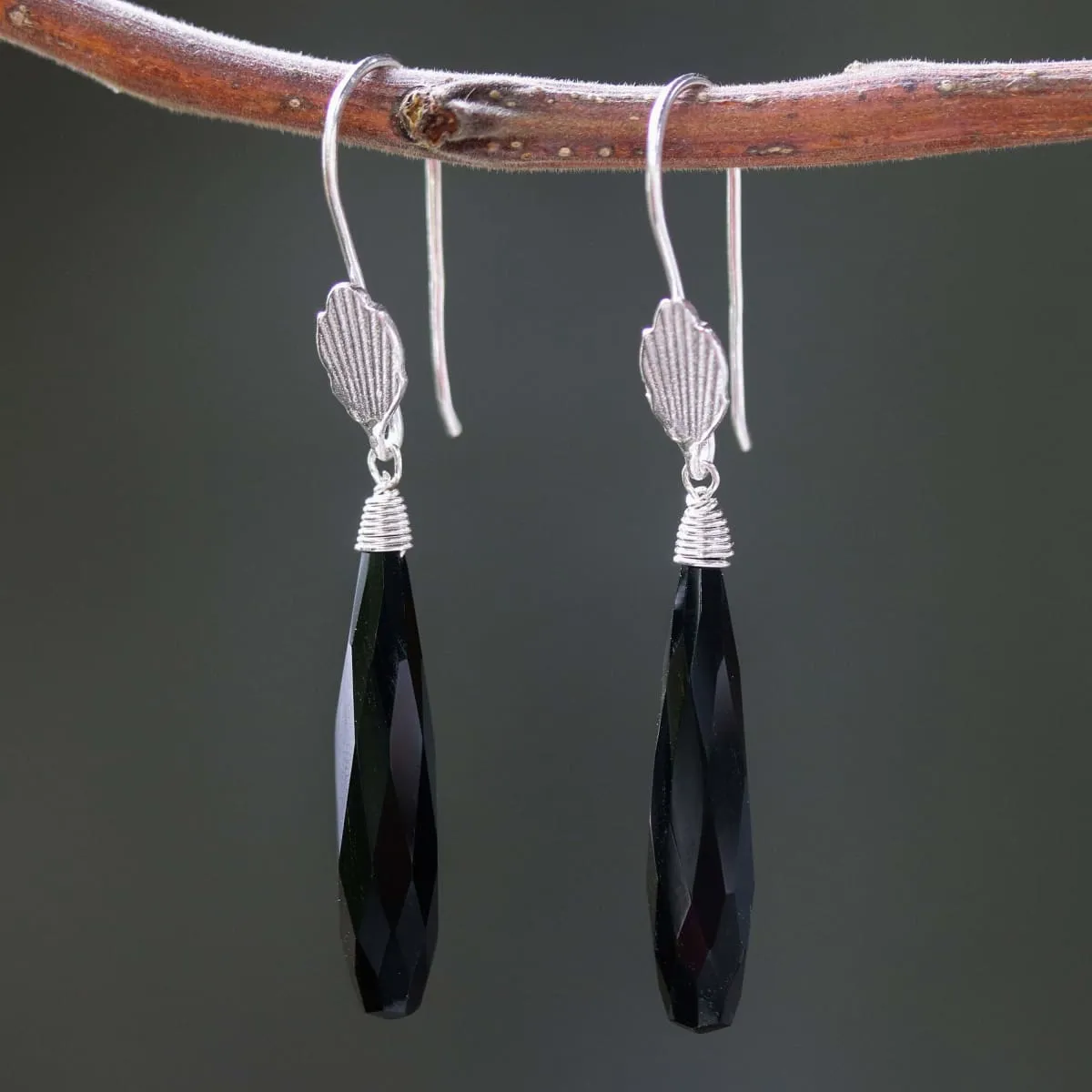 Black onyx earrings with silver wire wrapped on sterling silver hooks leaf design style