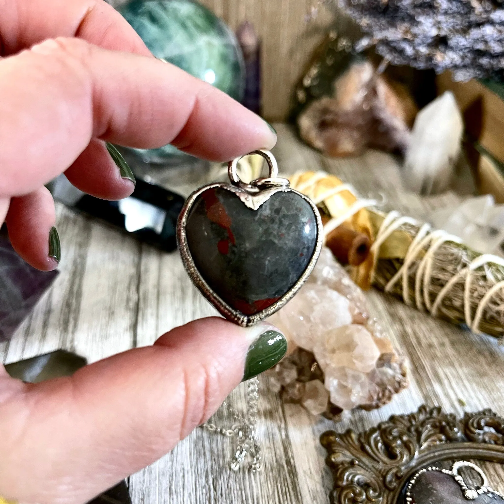 Bloodstone Crystal Heart Necklace in Fine Silver / Stone Pendant