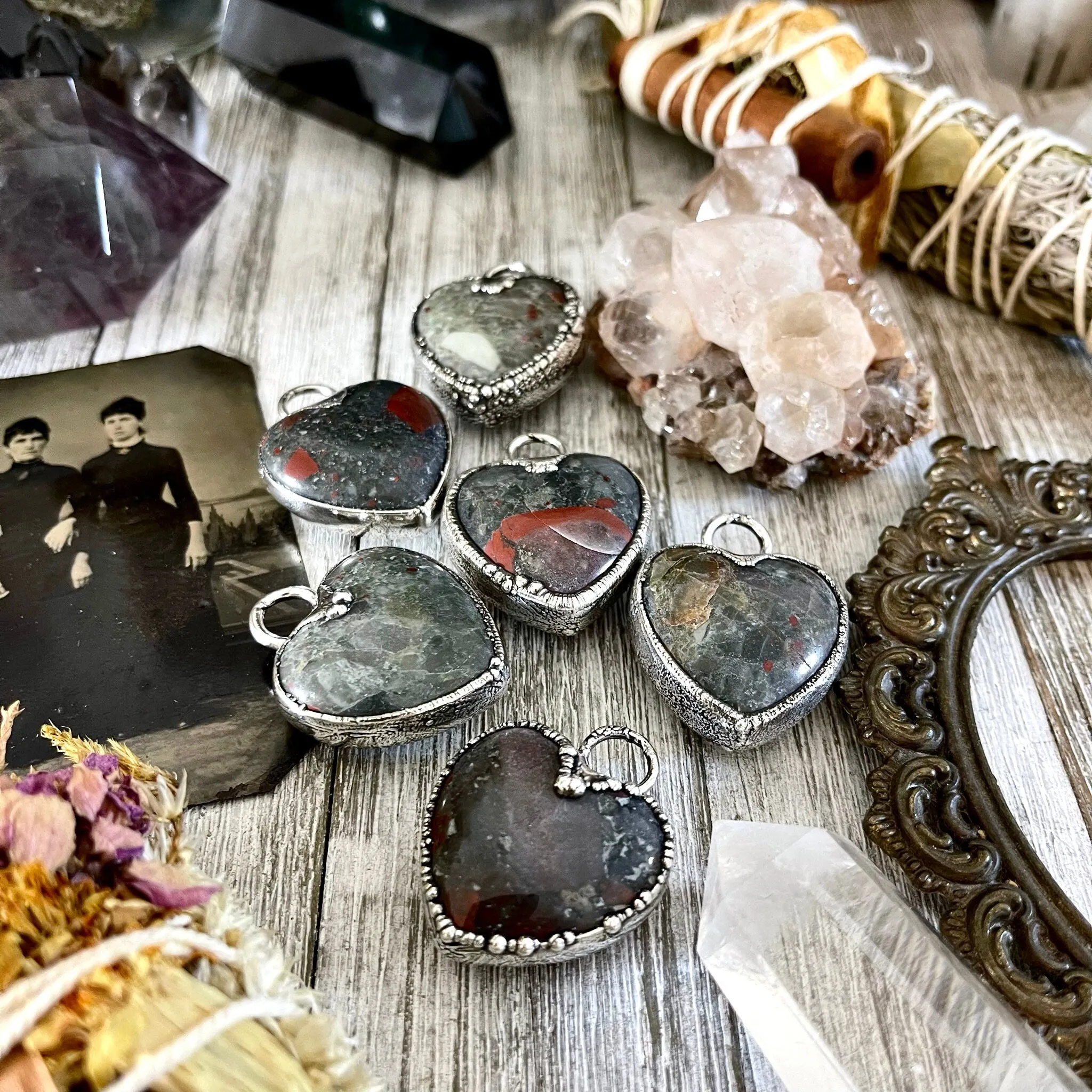 Bloodstone Crystal Heart Necklace in Fine Silver / Stone Pendant