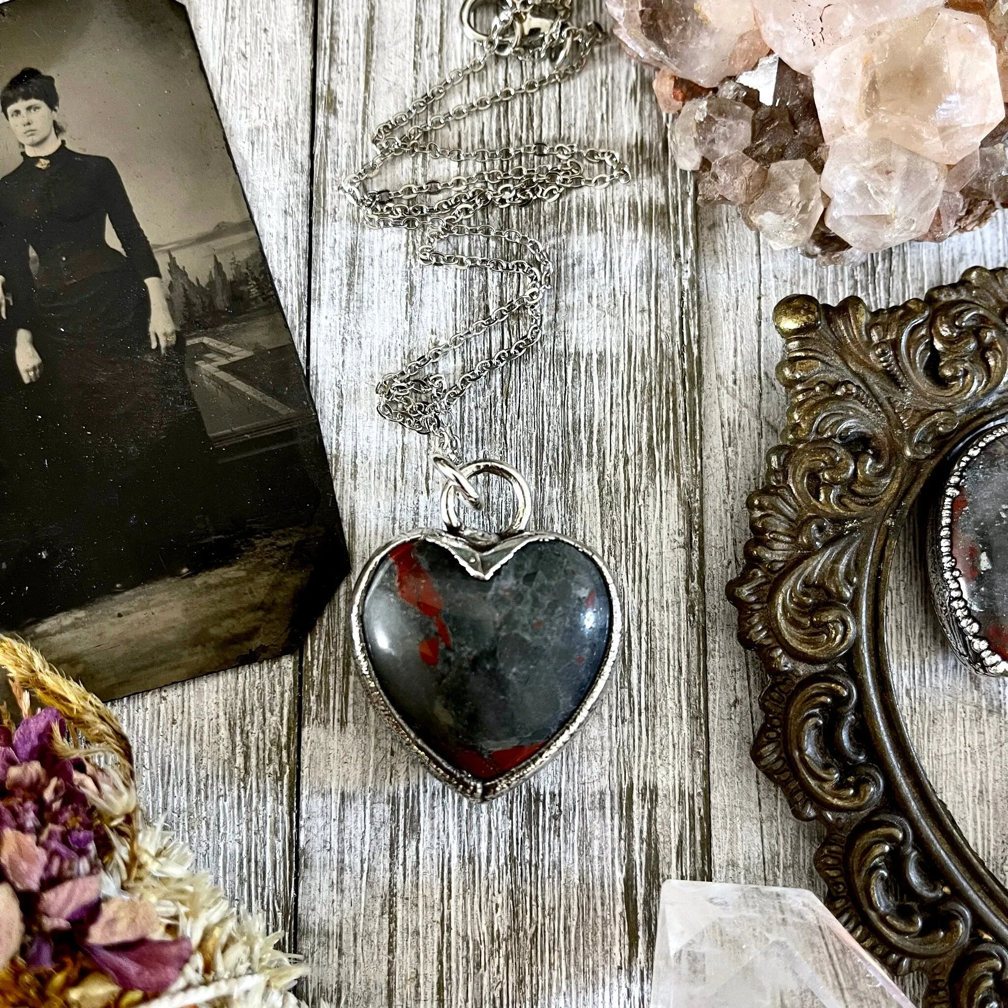 Bloodstone Crystal Heart Necklace in Fine Silver / Stone Pendant