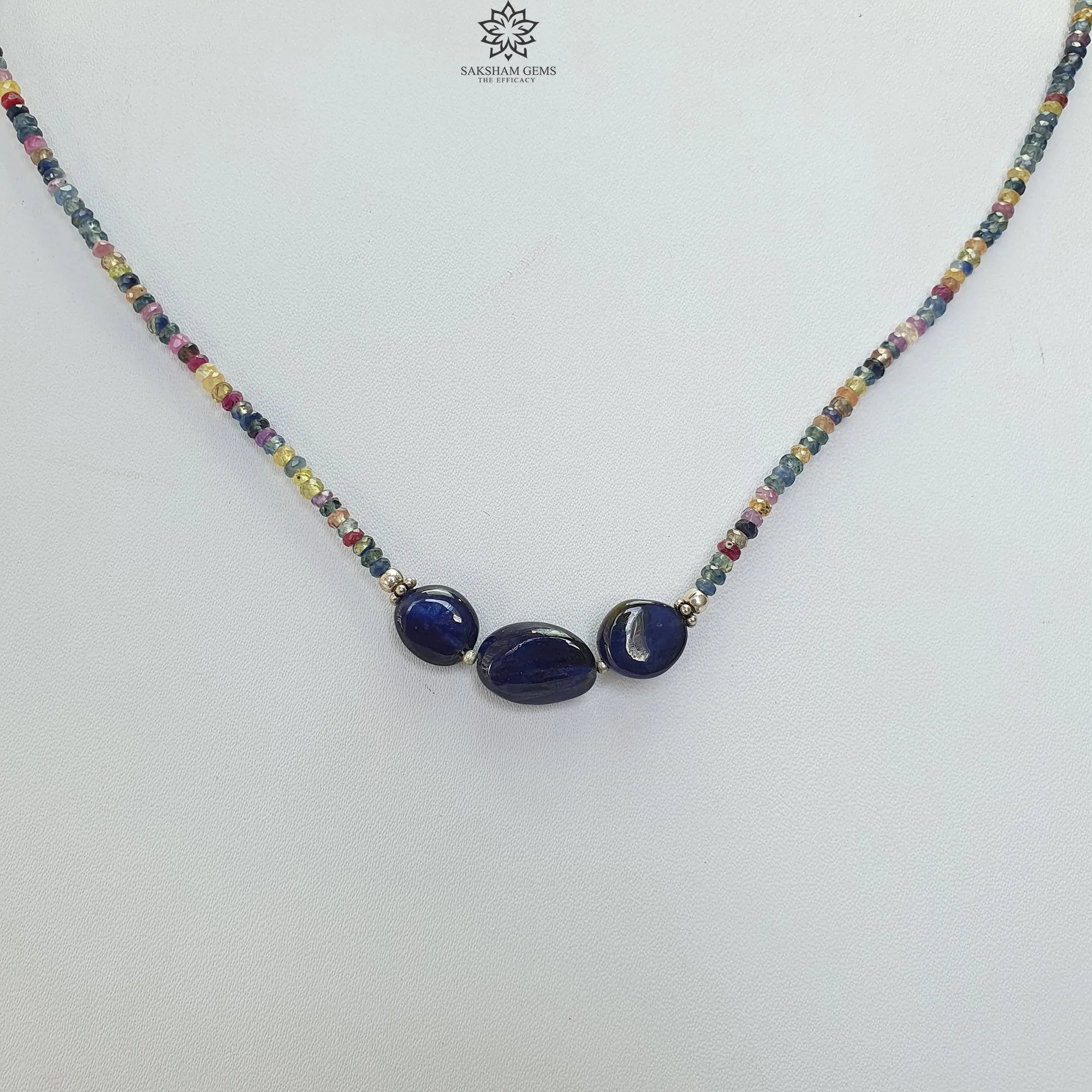 Blue & Multi Sapphire Beads Necklace : 10.34gms Natural Untreated Sapphire 925 Sterling Silver Single Strand Faceted Beaded Necklace 16"