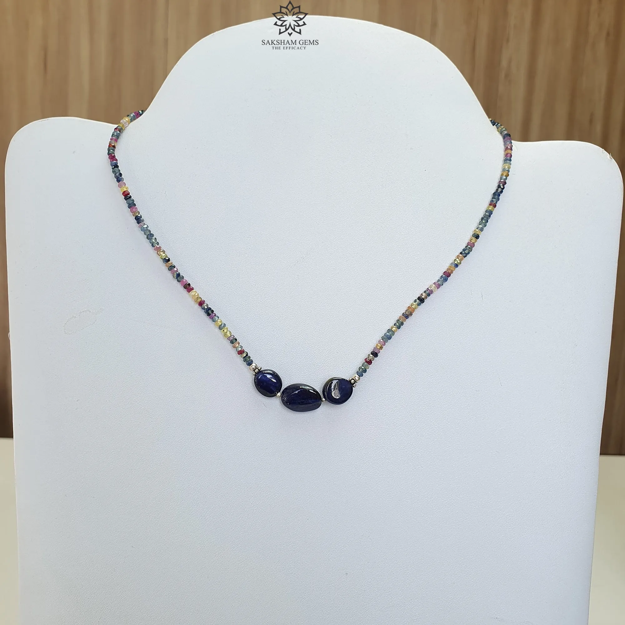 Blue & Multi Sapphire Beads Necklace : 10.34gms Natural Untreated Sapphire 925 Sterling Silver Single Strand Faceted Beaded Necklace 16"