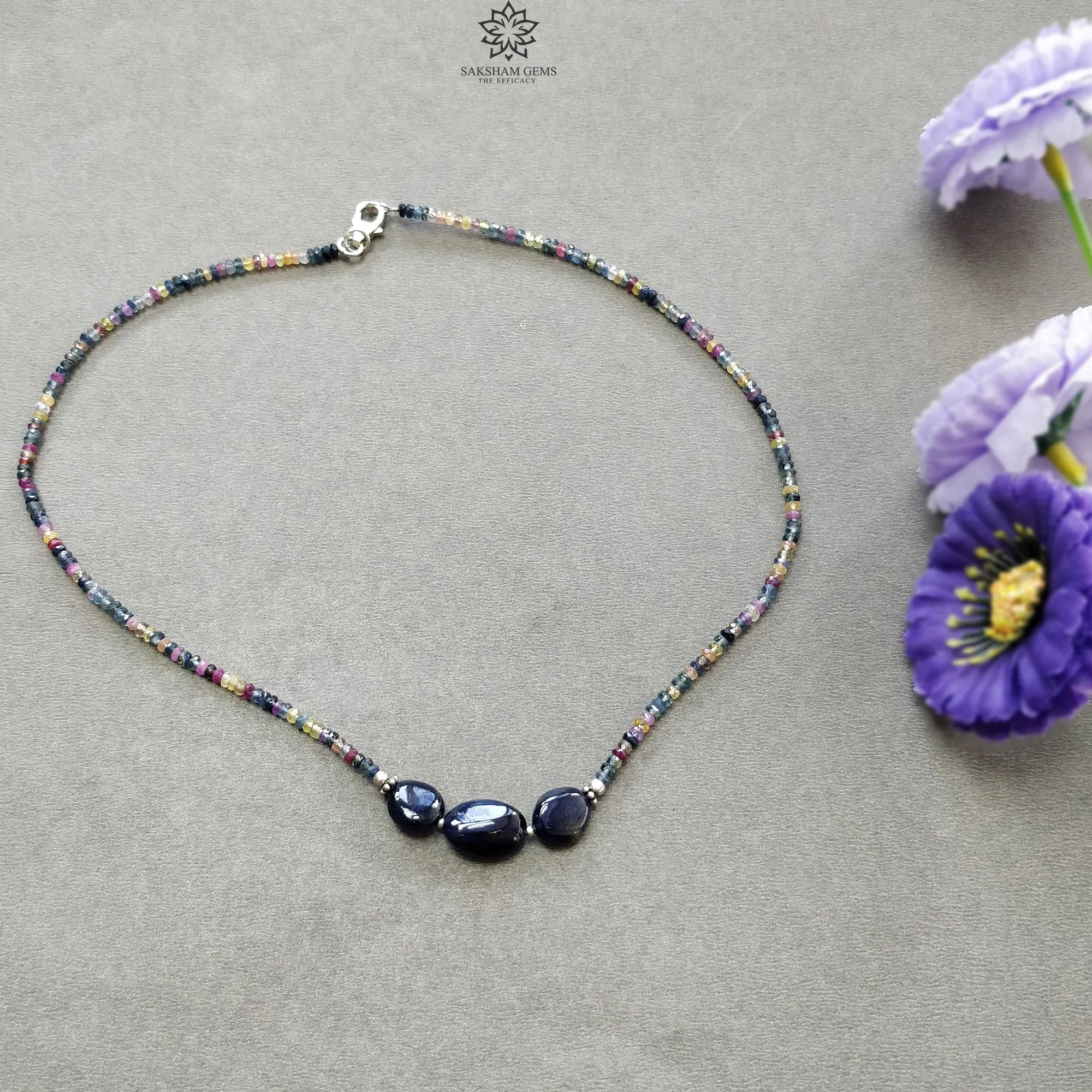 Blue & Multi Sapphire Beads Necklace : 10.34gms Natural Untreated Sapphire 925 Sterling Silver Single Strand Faceted Beaded Necklace 16"