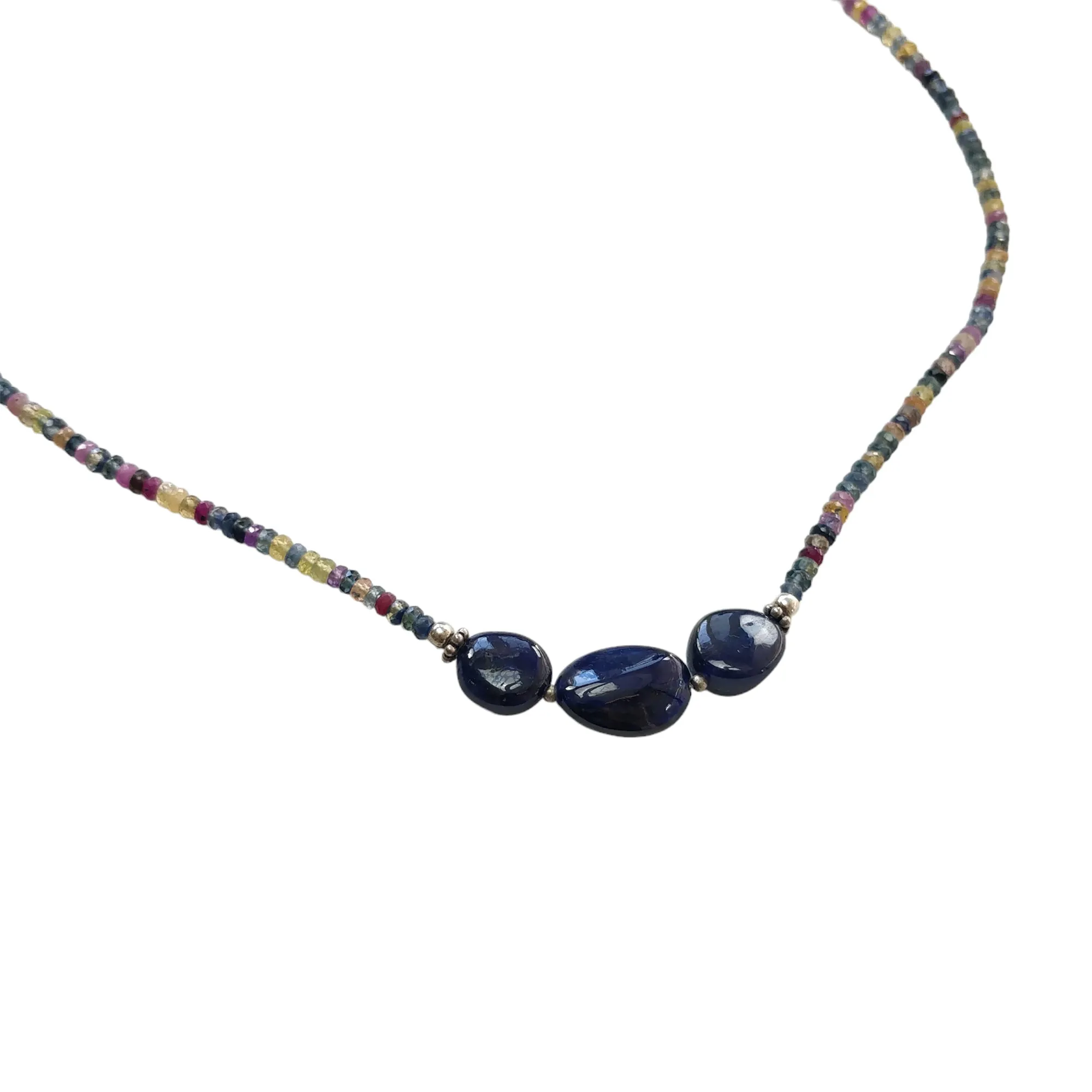 Blue & Multi Sapphire Beads Necklace : 10.34gms Natural Untreated Sapphire 925 Sterling Silver Single Strand Faceted Beaded Necklace 16"