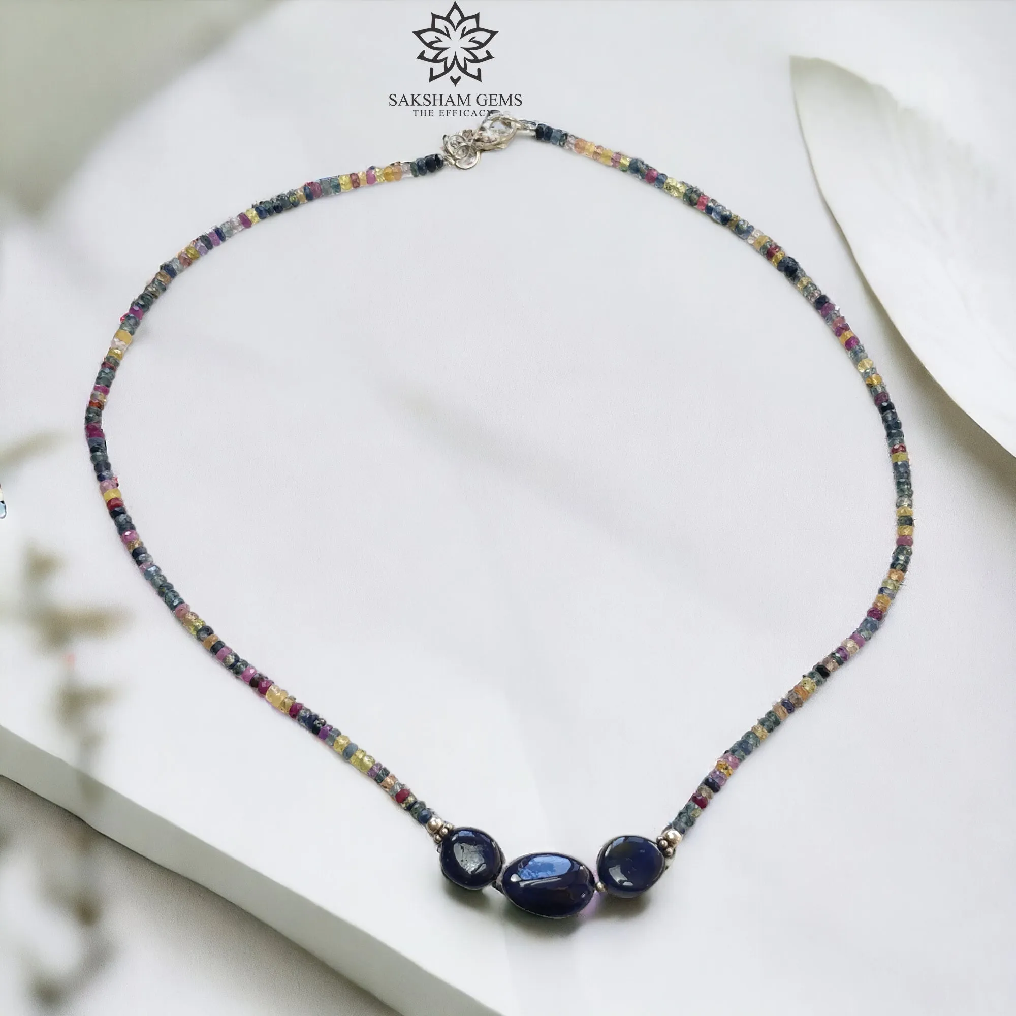 Blue & Multi Sapphire Beads Necklace : 10.34gms Natural Untreated Sapphire 925 Sterling Silver Single Strand Faceted Beaded Necklace 16"