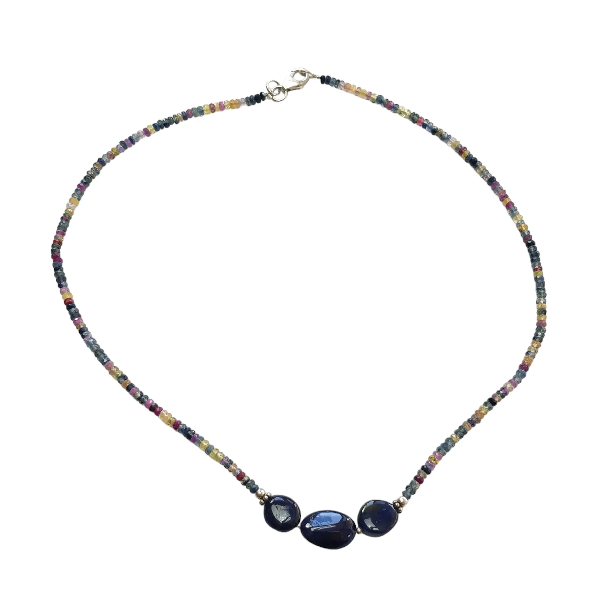 Blue & Multi Sapphire Beads Necklace : 10.34gms Natural Untreated Sapphire 925 Sterling Silver Single Strand Faceted Beaded Necklace 16"