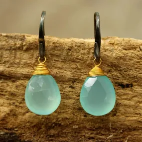 blue chalcedony drops faceted earrings with oxidized sterling silver hooks