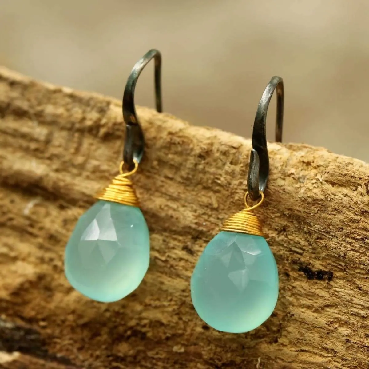 blue chalcedony drops faceted earrings with oxidized sterling silver hooks