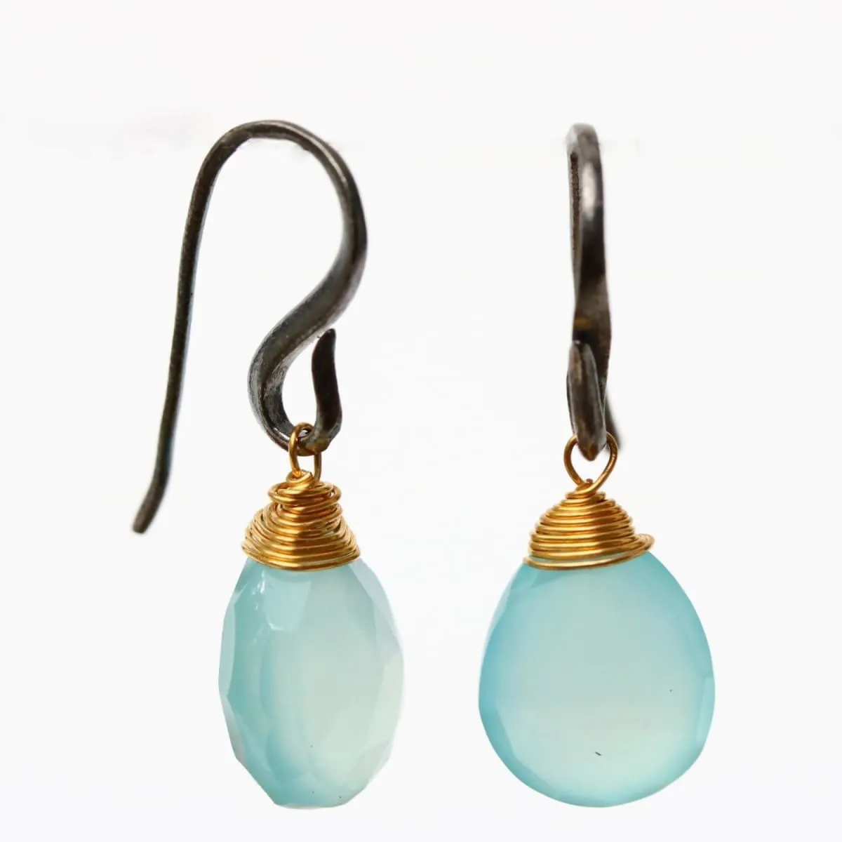 blue chalcedony drops faceted earrings with oxidized sterling silver hooks