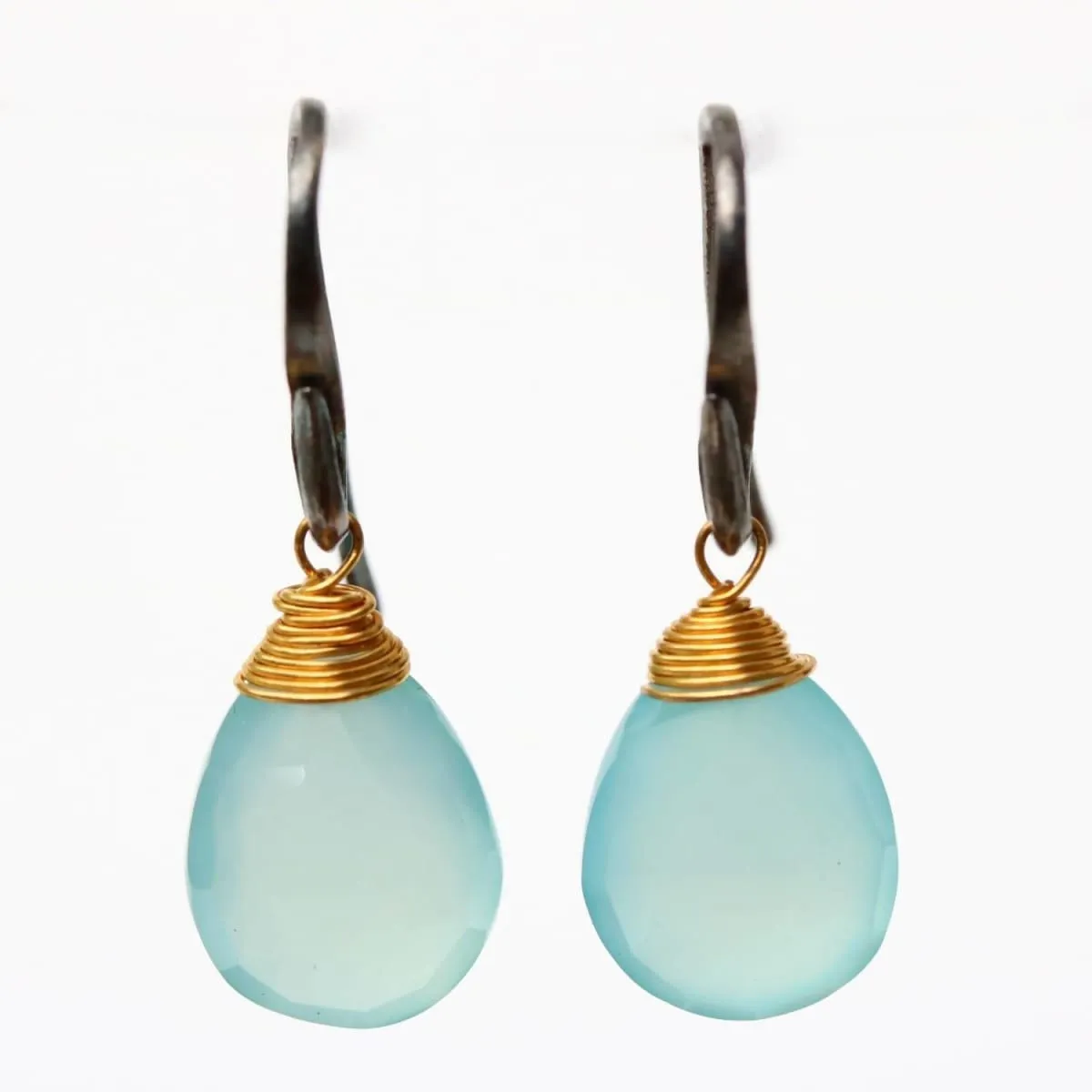 blue chalcedony drops faceted earrings with oxidized sterling silver hooks