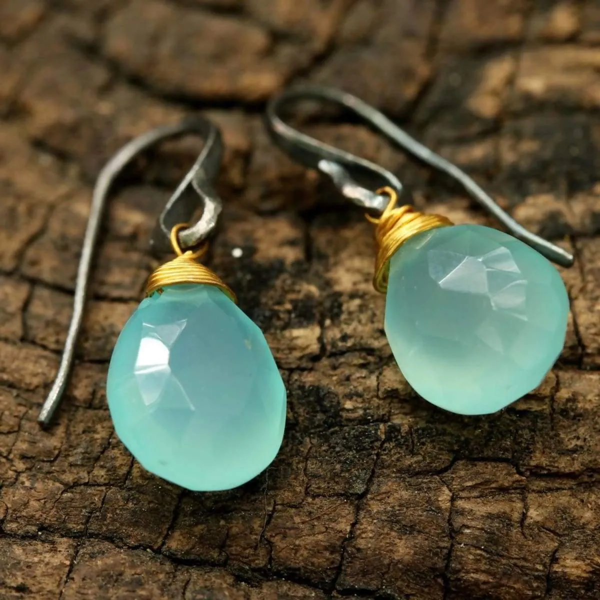 blue chalcedony drops faceted earrings with oxidized sterling silver hooks