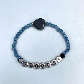 Blue Jade “GODDESS” with Onyx Gemstone Heart and Sterling Silver Stretch Bracelet