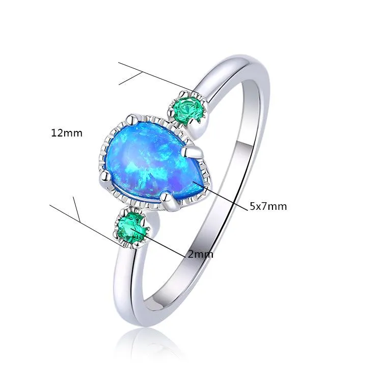 Blue Opal Three Stone Teardrop Ring