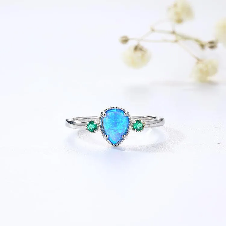 Blue Opal Three Stone Teardrop Ring