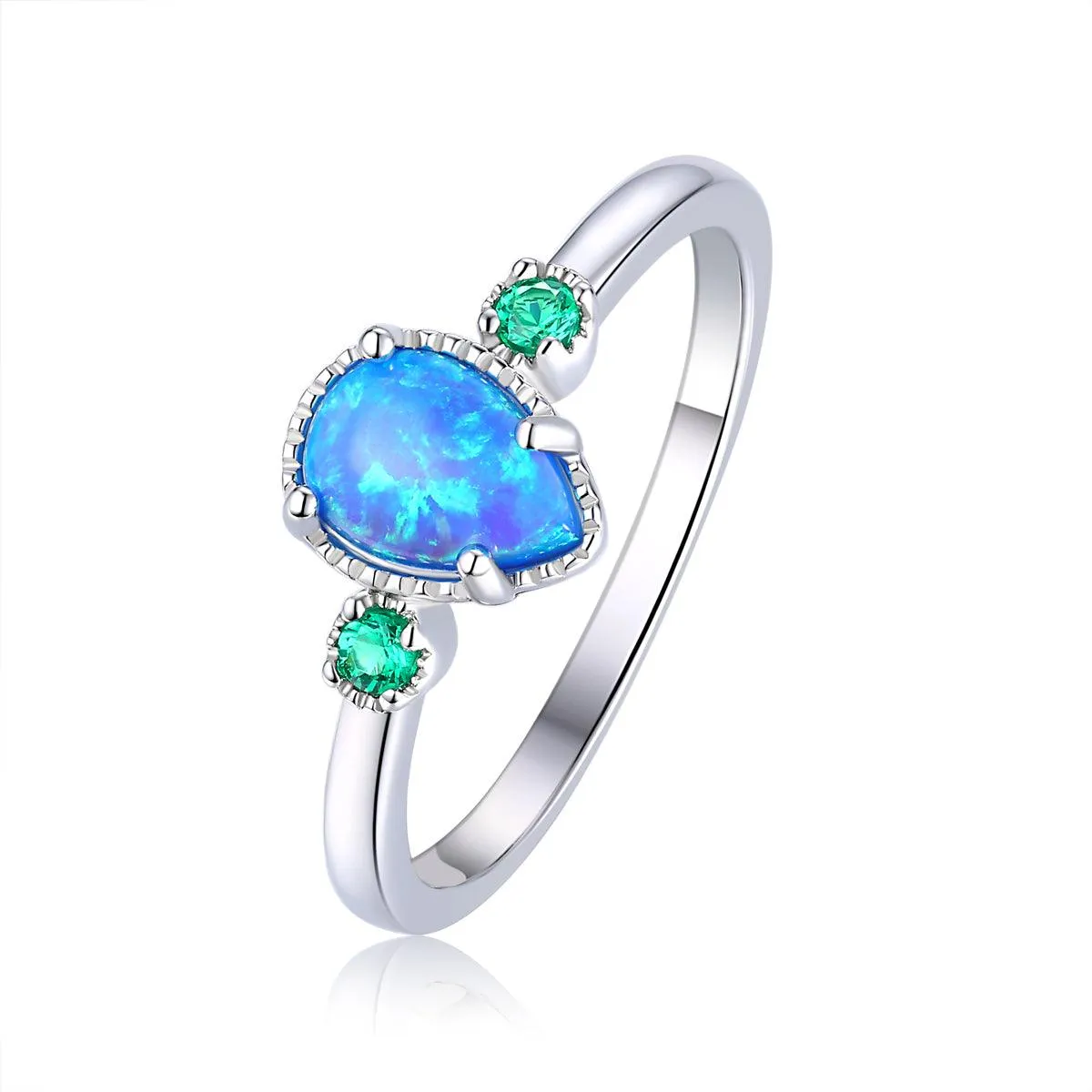 Blue Opal Three Stone Teardrop Ring