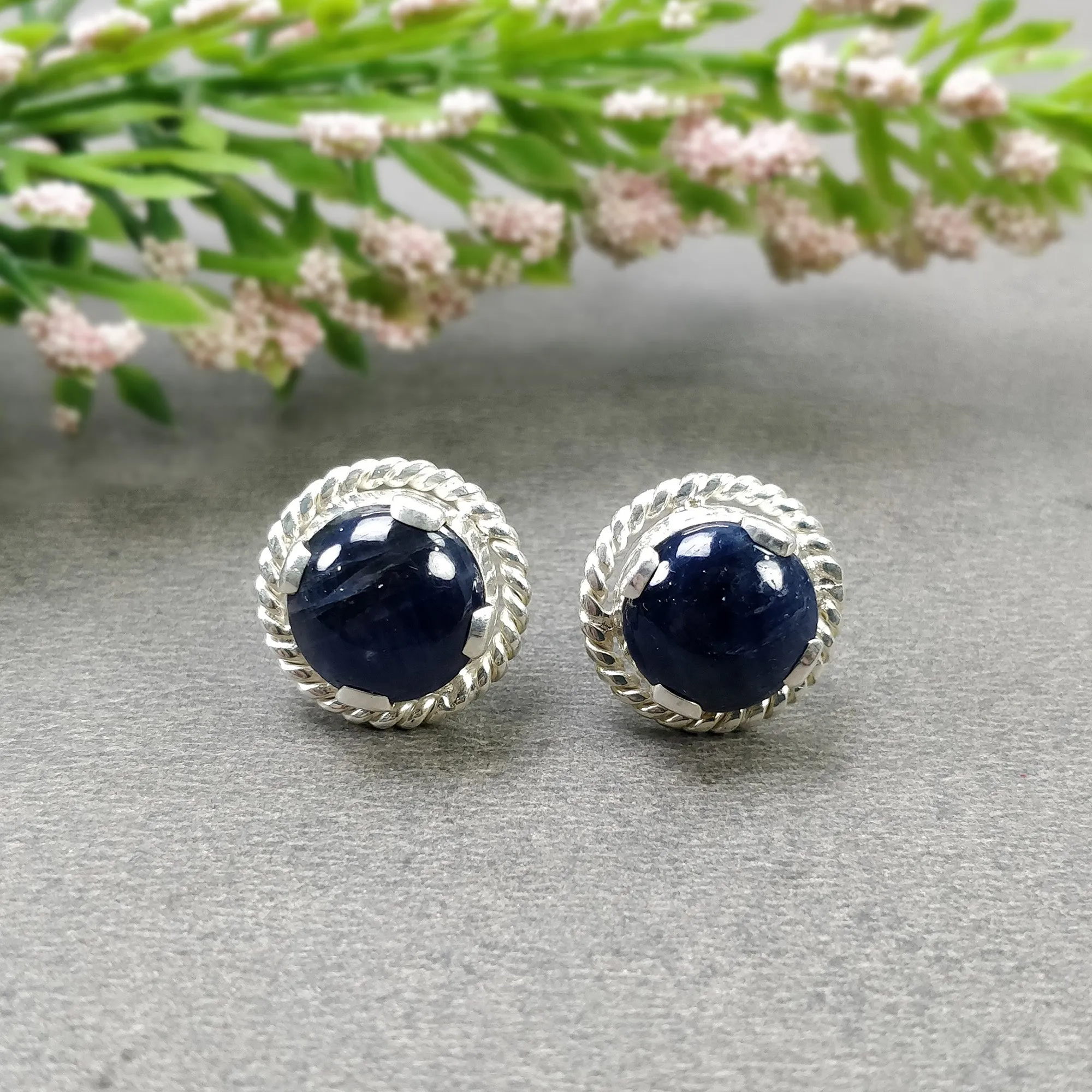 BLUE SAPPHIRE Gemstone 925 Sterling Silver Earring : 5.920gms Natural Untreated Round Prong Set Push Back Stud Earrings 0.75"