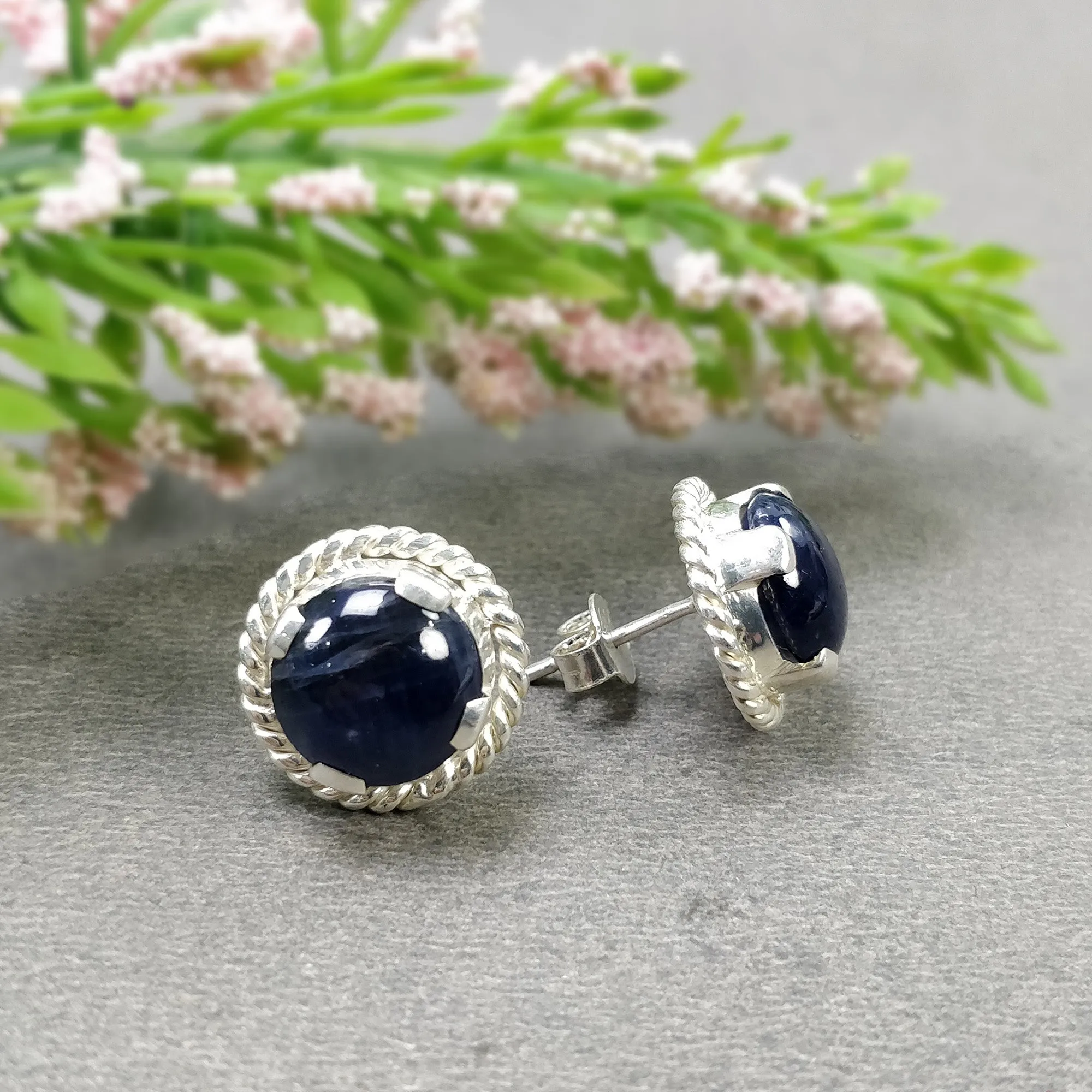 BLUE SAPPHIRE Gemstone 925 Sterling Silver Earring : 5.920gms Natural Untreated Round Prong Set Push Back Stud Earrings 0.75"