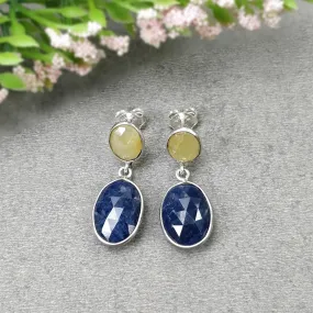 BLUE YELLOW SAPPHIRE Gemstone Earring : 4.83gms Natural Sapphire 925 Sterling Silver Drop Dangle Bezel Set Push Back Earrings 1.14"