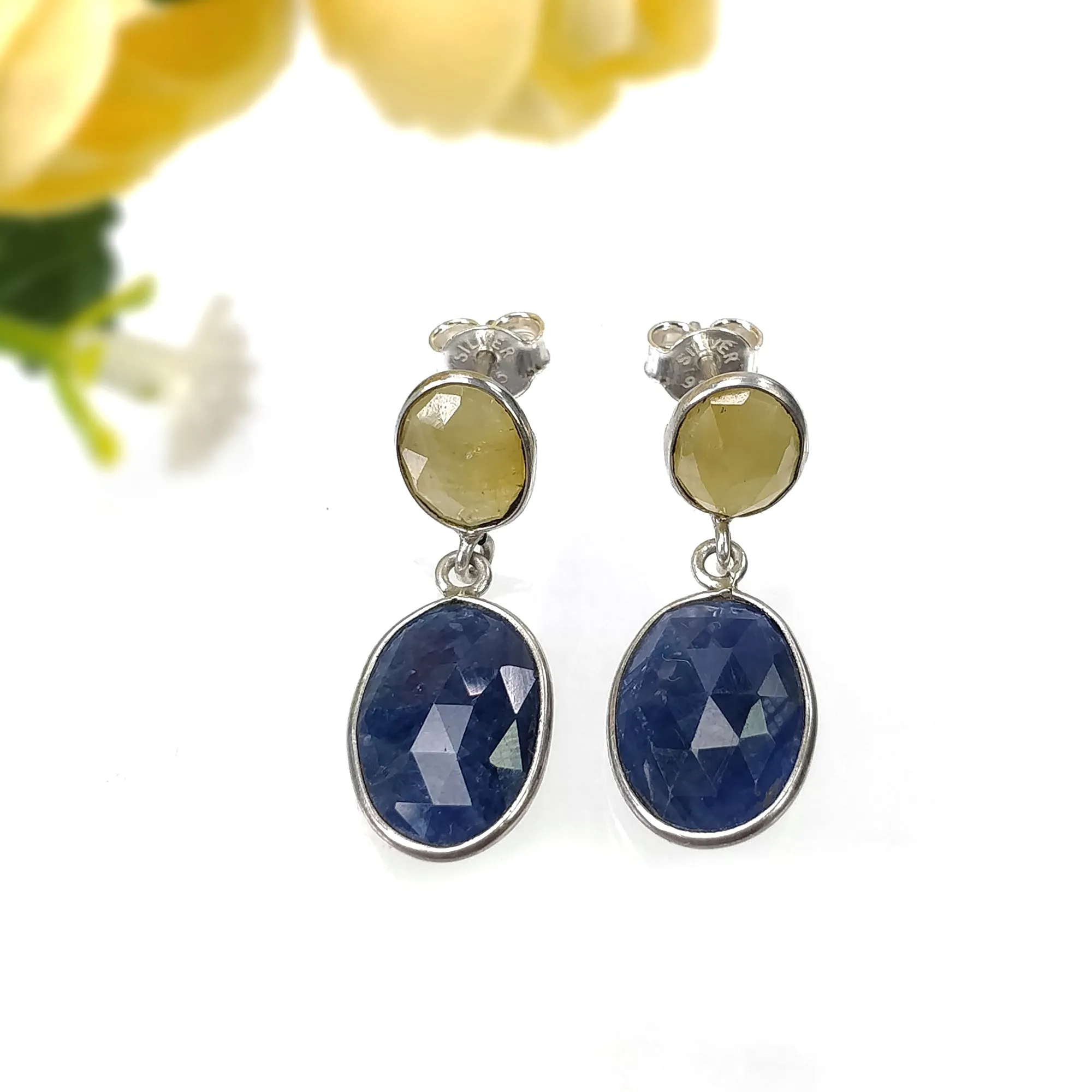 BLUE YELLOW SAPPHIRE Gemstone Earring : 4.83gms Natural Sapphire 925 Sterling Silver Drop Dangle Bezel Set Push Back Earrings 1.14"