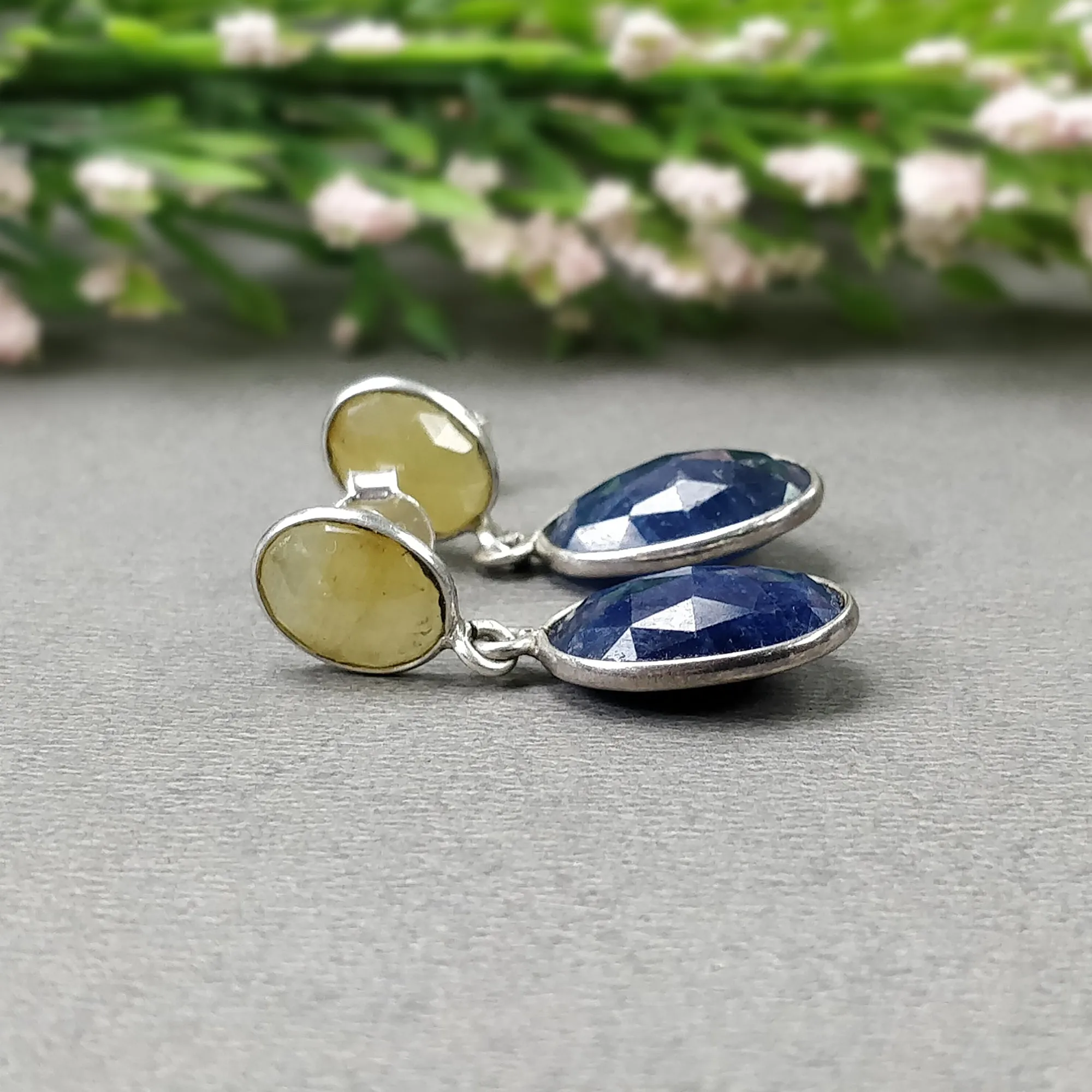 BLUE YELLOW SAPPHIRE Gemstone Earring : 4.83gms Natural Sapphire 925 Sterling Silver Drop Dangle Bezel Set Push Back Earrings 1.14"