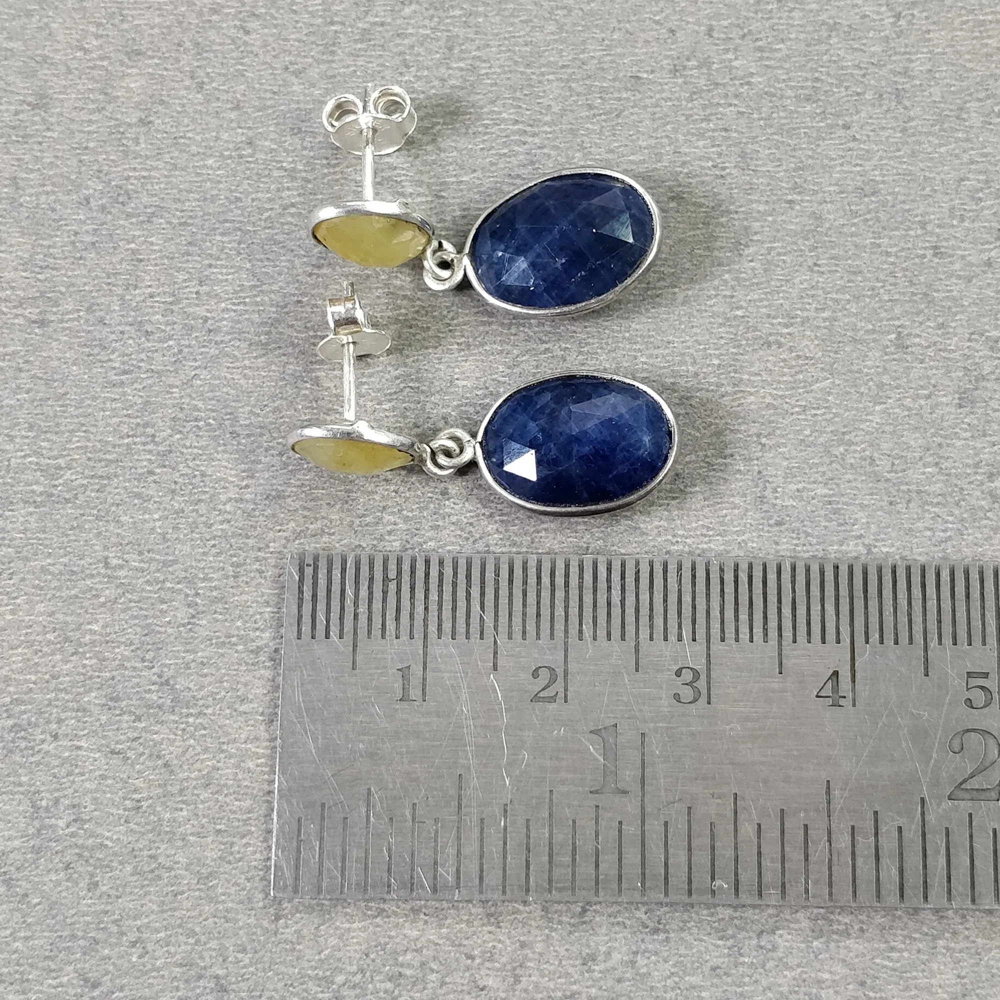 BLUE YELLOW SAPPHIRE Gemstone Earring : 4.83gms Natural Sapphire 925 Sterling Silver Drop Dangle Bezel Set Push Back Earrings 1.14"