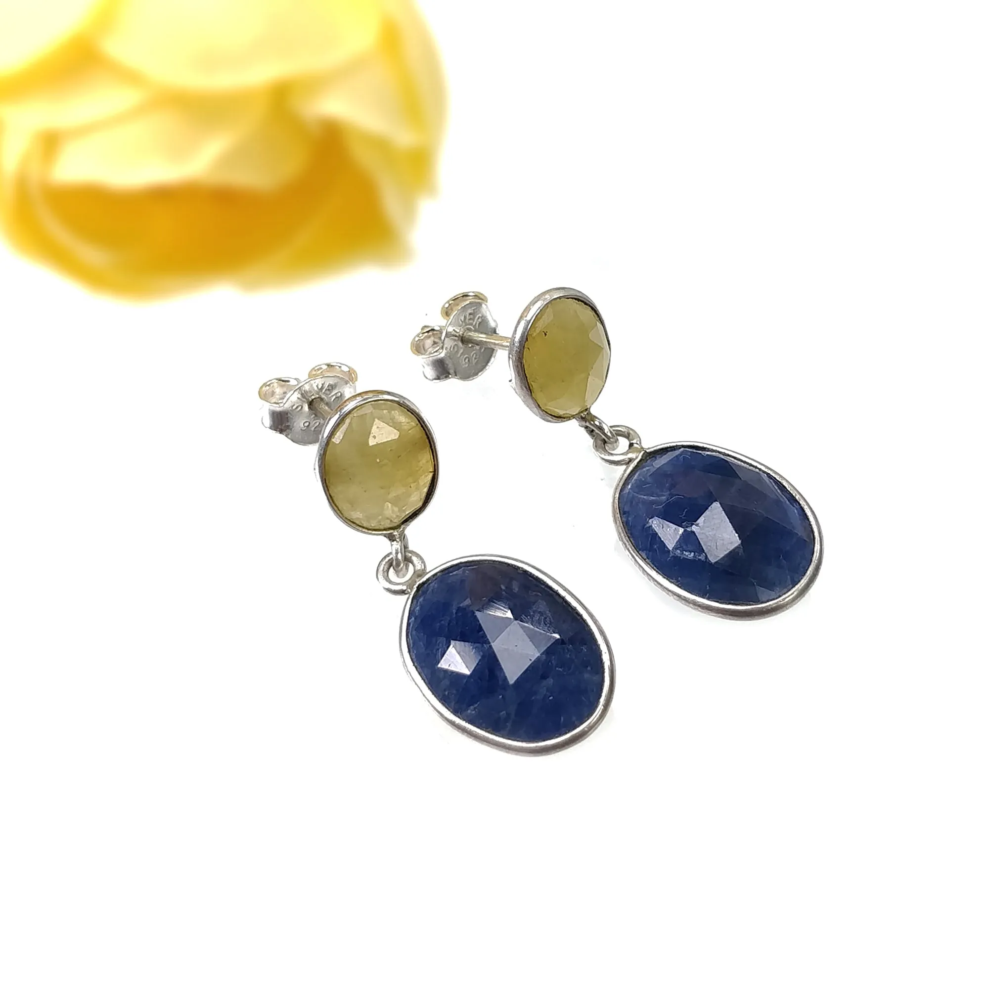 BLUE YELLOW SAPPHIRE Gemstone Earring : 4.83gms Natural Sapphire 925 Sterling Silver Drop Dangle Bezel Set Push Back Earrings 1.14"