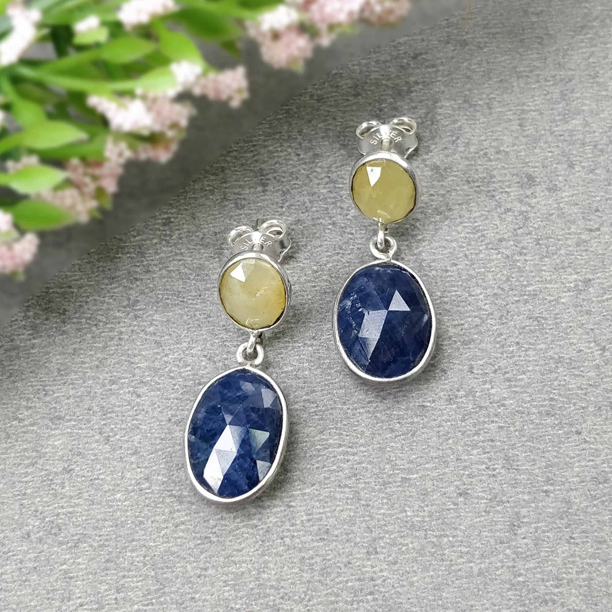 BLUE YELLOW SAPPHIRE Gemstone Earring : 4.83gms Natural Sapphire 925 Sterling Silver Drop Dangle Bezel Set Push Back Earrings 1.14"