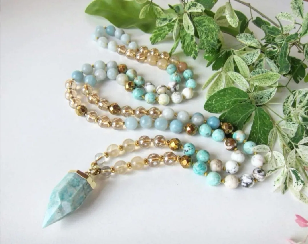 Bohemia Opal, Peruvian Turquoise Mala Necklace with Russian Amazonite Point Pendant