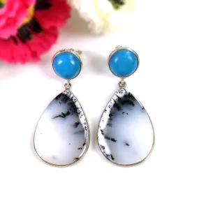 BOTSWANA AGATE & TURQUOISE Gemstone Earrings: 13.13gms Natural 925 Sterling Silver Bezel Set Drop Dangle Push Back Earring 1.9"