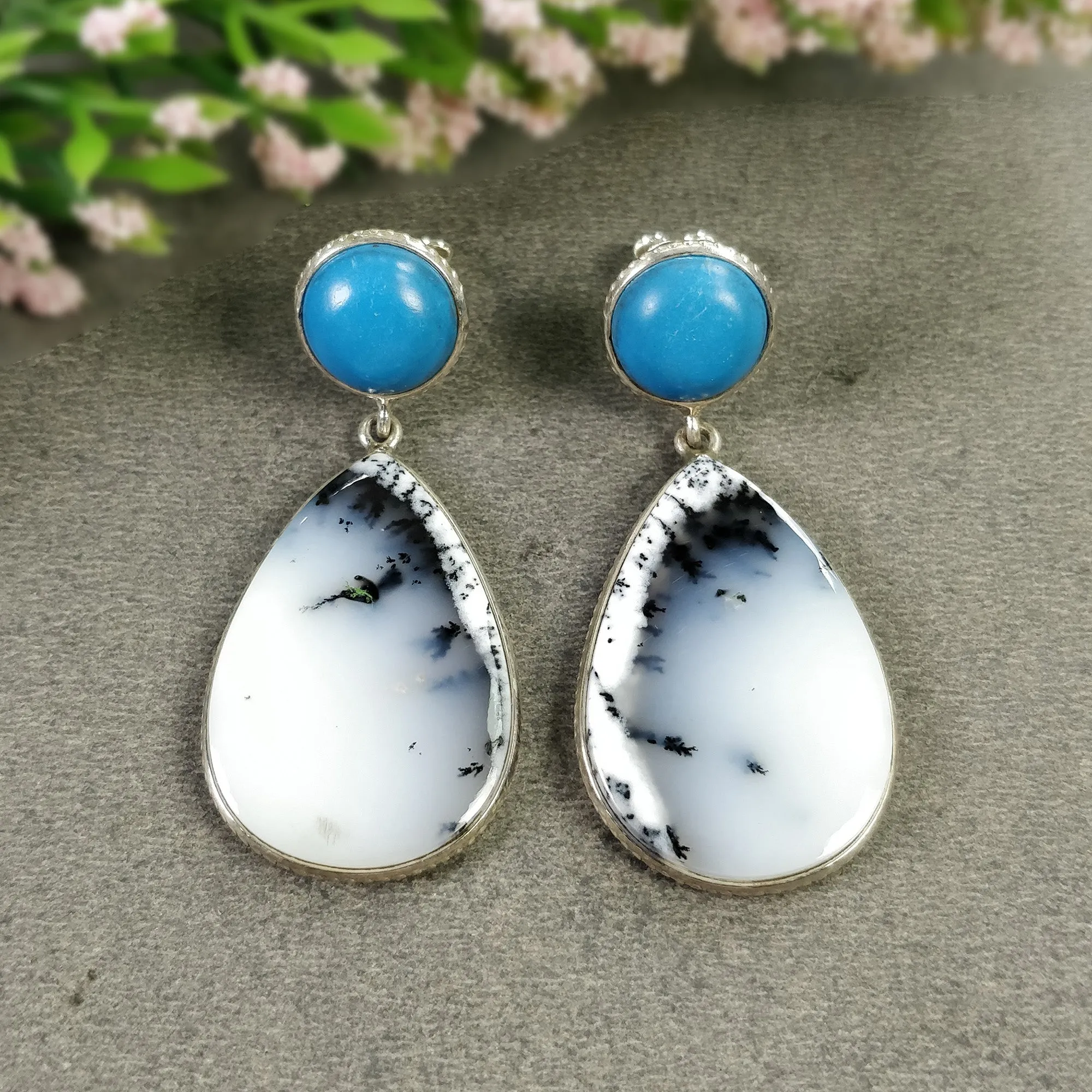 BOTSWANA AGATE & TURQUOISE Gemstone Earrings: 13.13gms Natural 925 Sterling Silver Bezel Set Drop Dangle Push Back Earring 1.9"