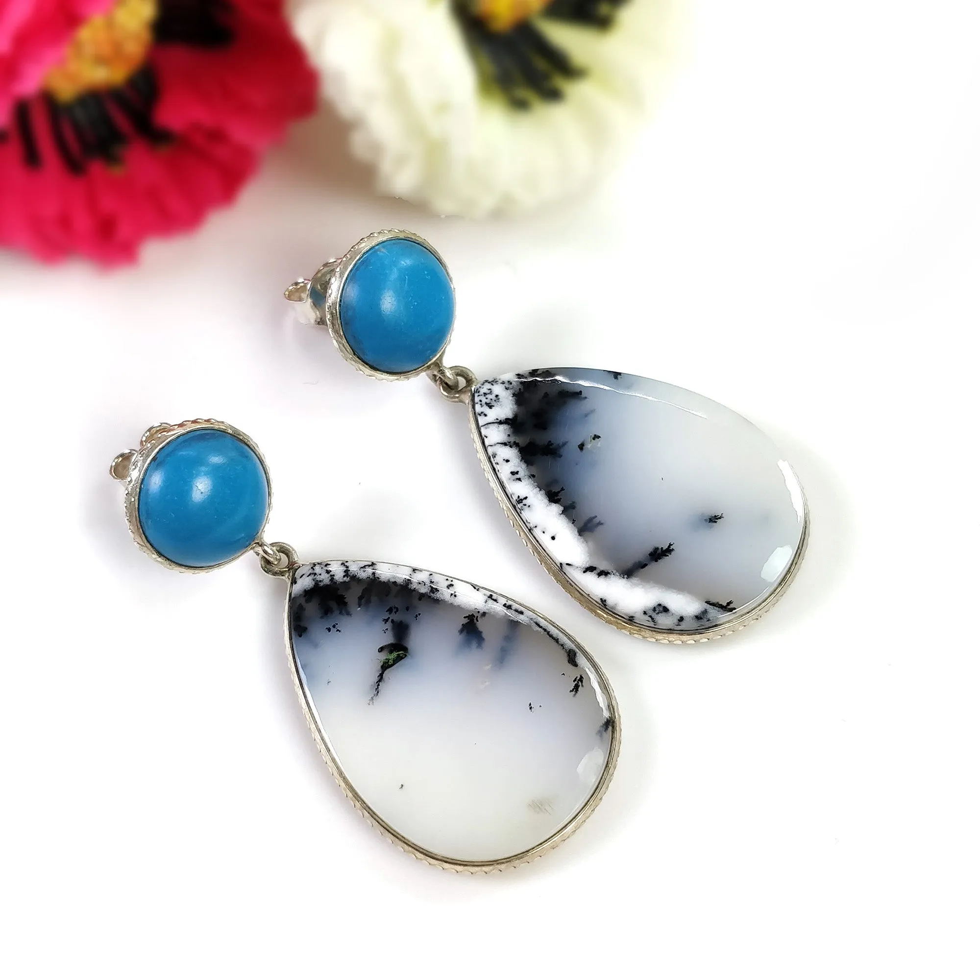 BOTSWANA AGATE & TURQUOISE Gemstone Earrings: 13.13gms Natural 925 Sterling Silver Bezel Set Drop Dangle Push Back Earring 1.9"