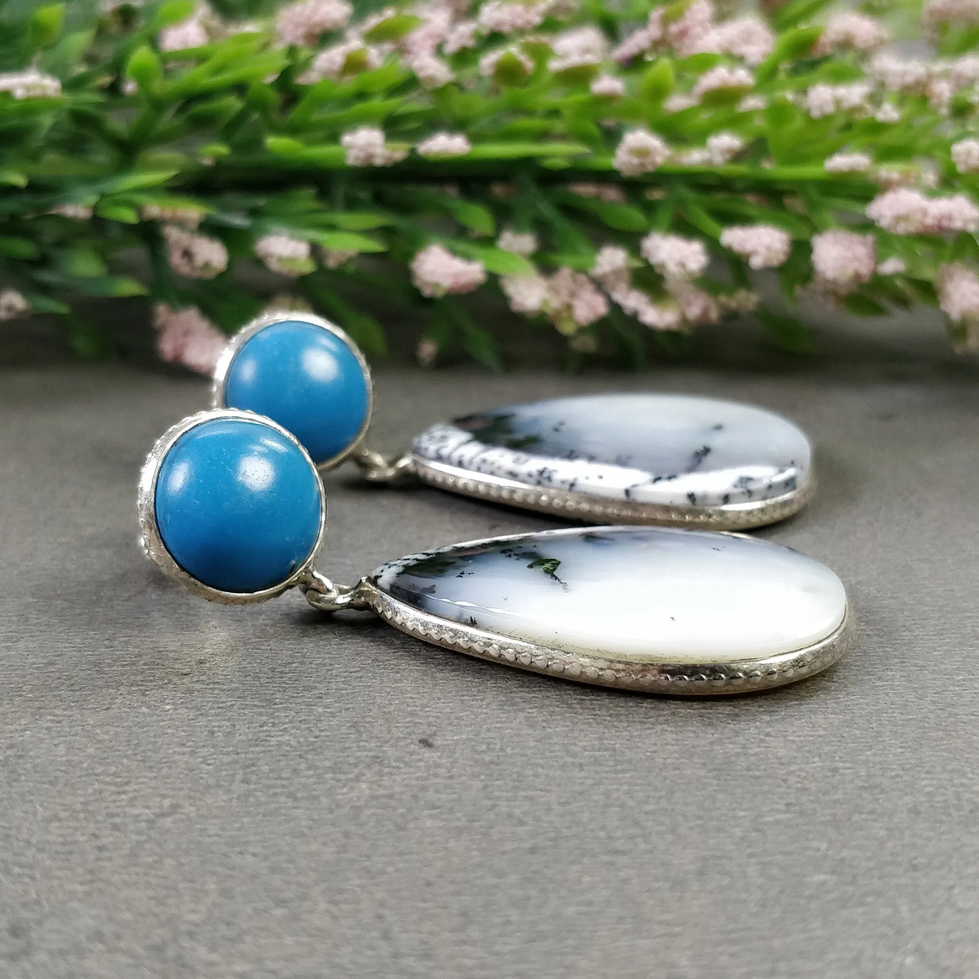 BOTSWANA AGATE & TURQUOISE Gemstone Earrings: 13.13gms Natural 925 Sterling Silver Bezel Set Drop Dangle Push Back Earring 1.9"