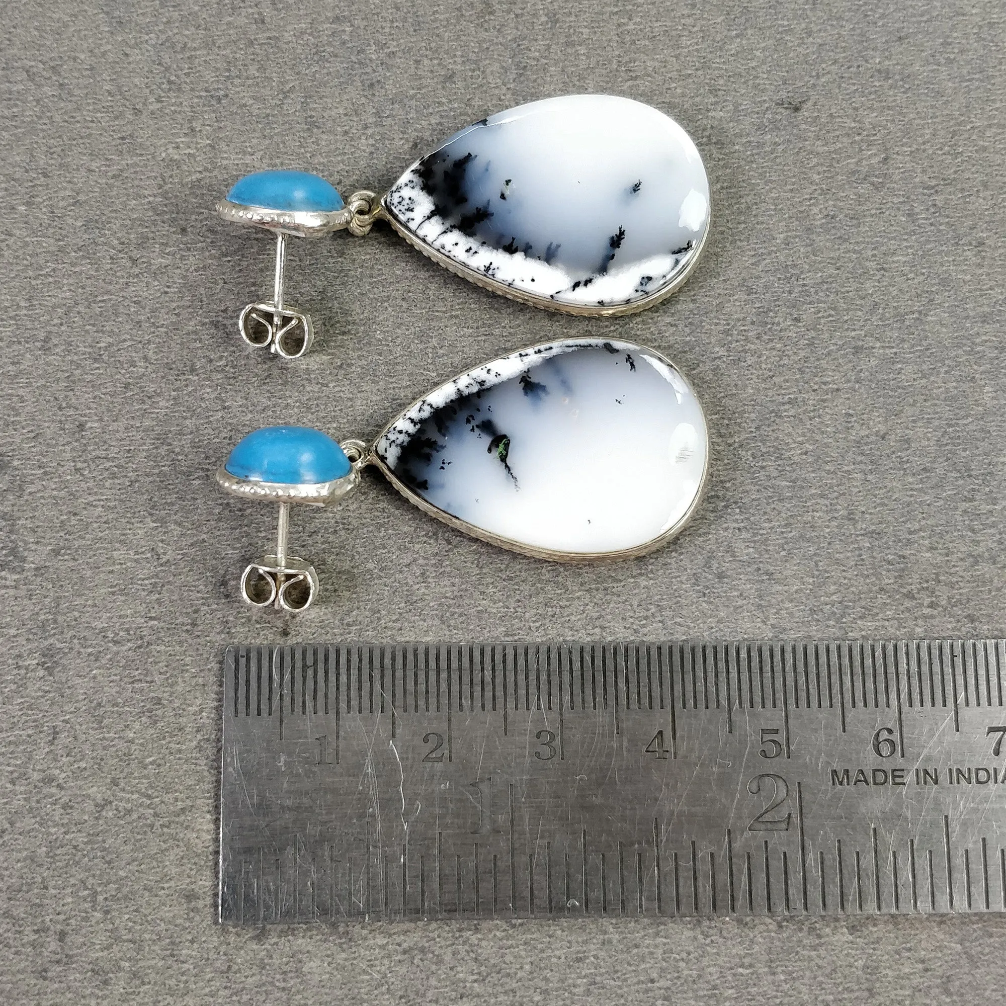 BOTSWANA AGATE & TURQUOISE Gemstone Earrings: 13.13gms Natural 925 Sterling Silver Bezel Set Drop Dangle Push Back Earring 1.9"